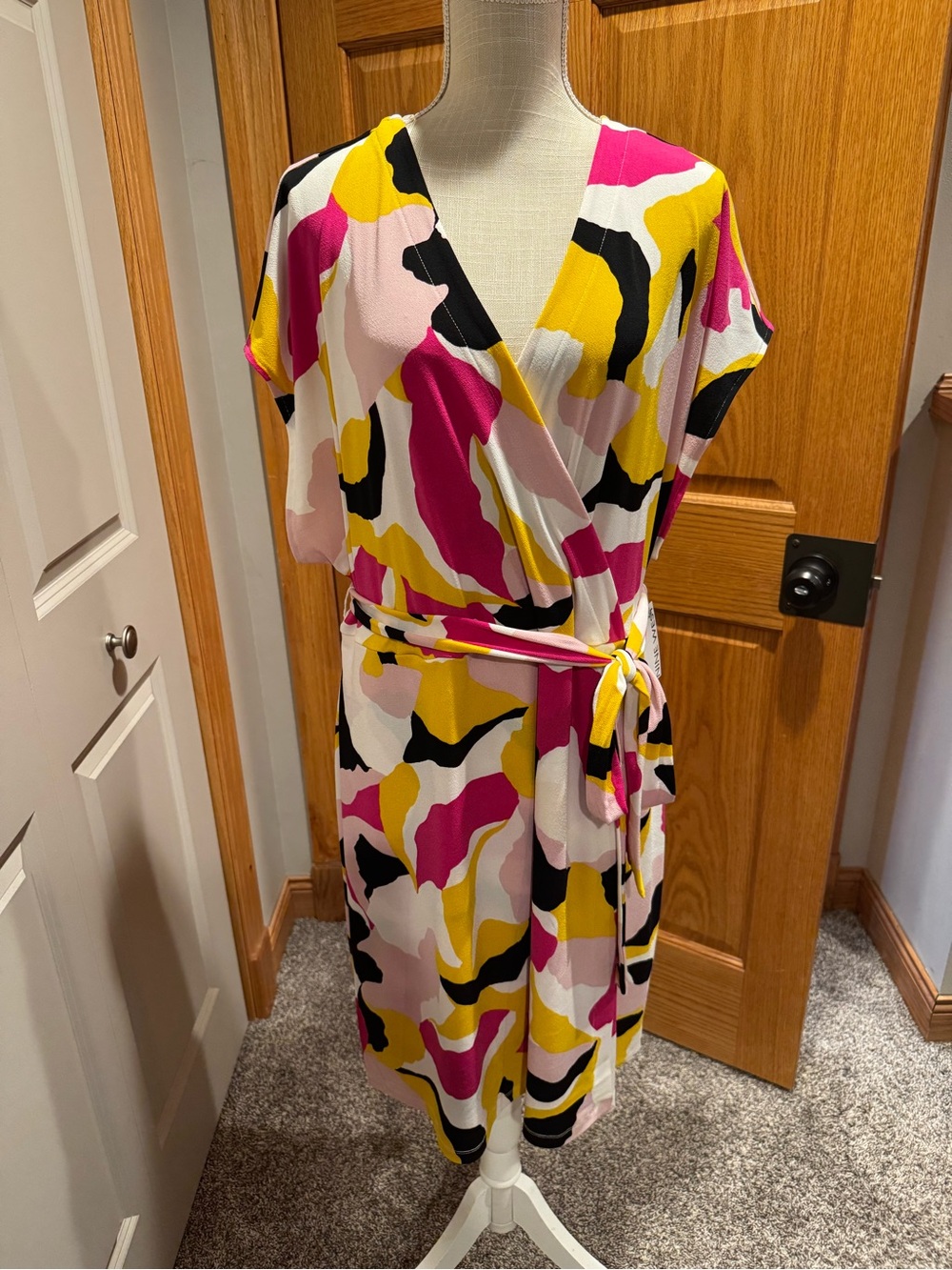 Nine West 2x Colorblock Wrap Dress - Pink, Yellow, Black & White